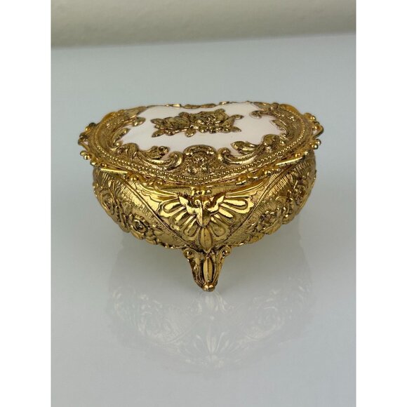 Gold & White Heart Metal Trinket Box Hinged Made in Japan Rose Floral VTG READ - Picture 6 of 16